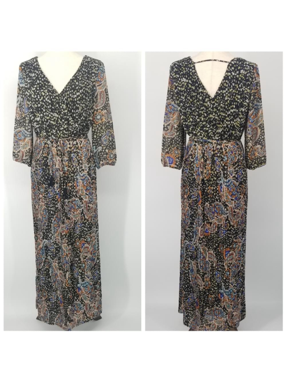 DR2 Pleated Paisley Print Maxi Dress Multi Color XS NWT